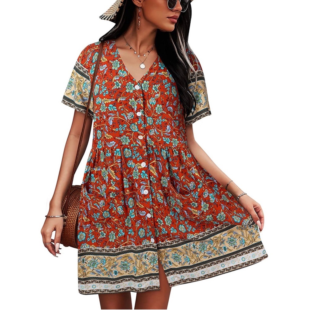 Floral Button Down V-Neck Short Sleeve Mini Dress NWT Medium Crimson Red Combo - Picture 2 of 13